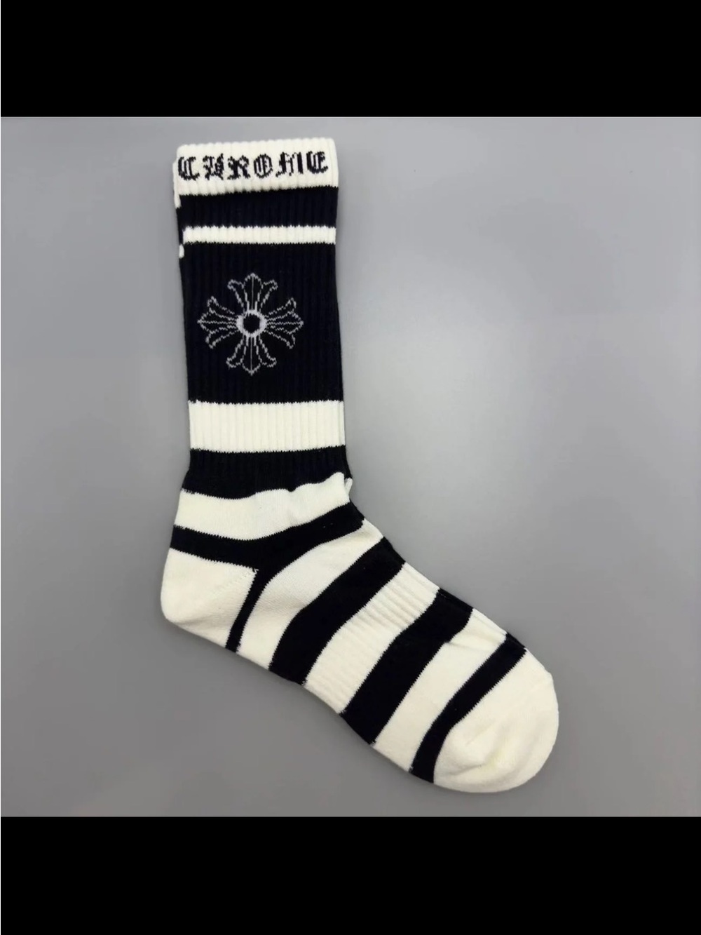Chrome Hearts Black and White Striped Crew Sock with Cross Motif